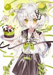  1girl ahoge artist_name bandaid black_sailor_collar black_skirt blueberry blush bow bowtie cake cherry cowboy_shot flower food fruit green_background green_bow green_bowtie green_eyes green_neckerchief green_ribbon hair_bow hair_ornament highres holding holding_plate long_sleeves looking_at_viewer neckerchief open_clothes original plate pleated_skirt polka_dot ribbon sailor_collar sample_watermark school_uniform see-through_clothes serafuku shirt short_hair skirt solo sparkle spoon strawberry watermark white_flower white_hair white_shirt yellow_eyes yuanbanshao 