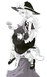  2girls apron bow braid carrying carrying_person chinese_commentary commentary_request cyyyk detached_sleeves frilled_bow frilled_hair_tubes frills greyscale grin hair_bow hair_tubes hakurei_reimu hat hat_bow highres holding holding_mushroom kirisame_marisa long_hair mary_janes monochrome multiple_girls mushroom open_mouth puffy_short_sleeves puffy_sleeves ribbon-trimmed_sleeves ribbon_trim shoes short_sleeves shoulder_carry side_braid single_braid smile socks touhou waist_apron witch_hat 