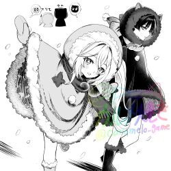  1boy 1girl animal_ear_hood animal_ears aranara_(genshin_impact) blunt_ends blush boots caramelo_game cat_ears cloak commentary_request cross-shaped_pupils eyelashes fringe_trim fur-trimmed_boots fur-trimmed_cloak fur-trimmed_hood fur_trim genshin_impact greyscale highres hood hood_up hooded_cloak long_hair looking_at_viewer mittens monochrome nahida_(genshin_impact) official_alternate_costume open_mouth outdoors outstretched_arms parted_lips pom_pom_(clothes) scaramouche_(genshin_impact) scarf shorts side_ponytail sidelocks snow speech_bubble spread_arms symbol-shaped_pupils twitter_username watermark white_background wispy_bangs 