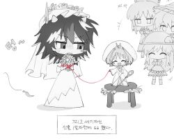  5girls blush_stickers bouquet bridal_veil closed_eyes deformed dress full_body greyscale hakurei_reimu happy hat height_difference hinanawi_tenshi holding holding_bouquet holding_needle japanese_clothes jitome kijin_seija kimono kirisame_marisa kiwi_(x_x915) korean_text long_hair looking_at_another mini_person minigirl monochrome multicolored_hair multiple_girls needle on_stool open_mouth peach_hat_ornament short_hair simple_background small_horns smile spot_color standing stool streaked_hair string string_of_fate sukuna_shinmyoumaru touhou translation_request uchikake unhappy veil wedding wedding_dress white_background yuri 