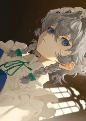  1girl absurdres blue_dress blue_eyes bow braid collared_shirt commentary_request dress green_bow green_ribbon grey_hair hair_bow highres izayoi_sakuya looking_at_viewer maid maid_headdress neck_ribbon ribbon shadow shimiya_jin shirt solo touhou twin_braids white_shirt 