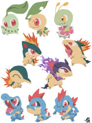  :3 absurdres antennae bayleef chibi chibi_only chikorita closed_eyes closed_mouth commentary_request croconaw cyndaquil fangs feraligatr fire full_body highres hisuian_typhlosion leaf meganium no_humans open_mouth pokemon pokemon_(creature) pokemon_focus purple_fire quilava red_eyes regional_and_normal sharp_teeth signature simple_background smile starter_pokemon_trio t_tsudaka teeth tongue totodile typhlosion white_background yellow_eyes 