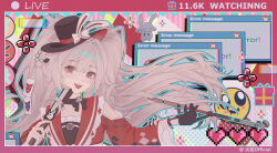  1girl absurdres black_choker black_gloves black_hat bow bow_choker box choker clothing_cutout error_message fashibudianzhili folding_fan gift gift_box gloves grey_hair hand_fan hat hat_ornament heart_emoji highres holding honkai:_star_rail honkai_(series) livestream long_hair long_sleeves looking_at_viewer open_mouth pink_eyes rabbit_hat_ornament red_sleeves shoulder_cutout single_glove smoking_pipe solo sparkle_(honkai:_star_rail) sparxie_(honkai:_star_rail) top_hat twintails upper_body wide_sleeves 