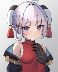  1girl ahoge bare_shoulders blue_eyes breasts china_dress chinese_clothes commentary_request dress hair_ornament highres liu_huo_(tower_of_fantasy) loli looking_at_viewer pink_hair reikyou simple_background small_breasts smile solo thick_eyebrows tower_of_fantasy 