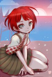  1girl amano_yama beach bird birthday blue_sky blunt_bangs closed_mouth clouds collared_halterneck commentary corrupted_twitter_file crossed_arms danganronpa_(series) danganronpa_2:_goodbye_despair dress dress_shirt eyelashes floating_hair floating_neckwear flying freckles from_side full_body gingham_clothes gingham_necktie gradient_sky green_dress green_eyes green_socks highres hope's_peak_academy_school_uniform koizumi_mahiru leaning_forward leaning_to_the_side light_particles light_smile looking_at_viewer looking_to_the_side necktie ocean on_ground outline palm_tree pinafore_dress pink_sky pleated_dress purple_sky red_hair red_necktie red_outline ringed_eyes sand school_uniform sea_stars seashell shell shirt short_hair sitting sky sleeveless sleeveless_dress smile socks solo spread_fingers sunset tree water white_necktie white_shirt wind yokozuwari 