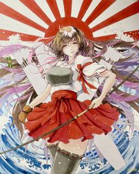  1girl absurdres agano_class_no3 akagi_(kancolle) akagi_kai_ni_(kancolle) arrow_(projectile) artist_name black_thighhighs bow_(weapon) brown_eyes brown_hair commentary cowboy_shot hakama hakama_skirt highres holding holding_arrow holding_bow_(weapon) holding_weapon japanese_clothes kantai_collection kimono long_hair miniskirt muneate pleated_skirt quiver red_skirt rising_sun_flag skirt solo sunburst thigh-highs waves weapon white_kimono zettai_ryouiki 