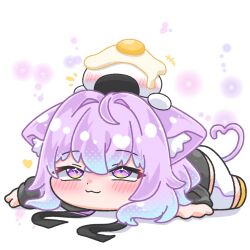  +++ 1girl :3 animal_ear_fluff animal_ears black_hoodie blush cat_ears cat_girl cat_tail chibi chibi_only commentary_request dot_nose egg_(food) facing_viewer food from_side halftone heart heart_tail highres hololive hood hoodie ichigo_(g6rzs_ichigo) looking_up nekomata_okayu nekomata_okayu_(1st_costume) notice_lines onigirya_(nekomata_okayu) purple_hair shorts simple_background tail violet_eyes white_shorts 