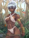  1girl blue_eyes blue_hair dark_skin earrings elena_(street_fighter) grass jewelry nature navel short_hair smile solo spear street_fighter swimsuit trees tribal underboob warrior water weapon 