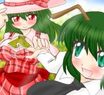  ascot blush breasts chyaramu flower flower_field green_eyes green_hair hat kazami_yuuka large_breasts necktie plaid_dress red_eyes smile sun_hat sunflower touhou wriggle_nightbug 