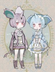  1boy 1girl animal_ears ascot blue_bow blue_dress blue_hair blue_shoes boots bow bowtie bright_pupils cape commentary_request dress full_body gloves hairband highres horns jacket looking_at_viewer nidoran nidoran_(female) nidoran_(male) open_mouth personification pokedex_number pokemon purple_boots purple_cape purple_hair purple_jacket purple_shorts red_eyes sakutake_(ue3sayu) shirt shoes shorts simple_background single_horn standing twintails white_ascot white_bow white_bowtie white_gloves white_hairband white_pupils white_shirt yellow_background 