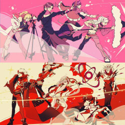  1boy 6+girls bianca_(path_to_nowhere) black_hair black_streaks blonde_hair blunt_bangs camera chain circular_saw closed_umbrella dreya_(path_to_nowhere) garofano_(path_to_nowhere) golan_(path_to_nowhere) gold_chain heart highres holding holding_phone holding_sickle holding_umbrella jasmine_(path_to_nowhere) levy_(path_to_nowhere) mask multicolored_hair multiple_girls path_to_nowhere pepper_(path_to_nowhere) phone pink_hair pink_streaks purple_hair saw shawn_(path_to_nowhere) shizuku_kaworu sickle streaked_hair sumire_(path_to_nowhere) talking_on_phone tripod umbrella white_hair 