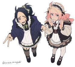  2boys ahoge alternate_costume alternate_hair_length_(longer) apron black_dress black_eyes black_hair black_nails black_shoes blonde_hair blue_eyes blue_jacket blush bow brown_corset brown_ribbon collared_dress commentary_request corset cross-laced_clothes cross-laced_corset crossdressing crossdressing_(mtf) double_gyaru_v double_v dress embarrassed fishnet_thighhighs fishnets frilled_apron frilled_corset frilled_dress frilled_hairband frilled_thighhighs frills from_above full_body garter_straps gradient_hair green_bow green_ribbon gyaru_v hair_bow hairband highres holding_own_hair jacket letterman_jacket long_hair lower_teeth_only maid_apron male_focus multicolored_hair multiple_boys nail_polish neck_ribbon off-shoulder_jacket off_shoulder one_eye_closed open_clothes open_jacket open_mouth pantyhose paxton_(pokemon) pokemon pokemon_legends:_z-a ponytail ribbon sanae-aragaki shoes side_ponytail teeth thigh-highs trap urbain_(pokemon) v white_apron white_background white_pantyhose 