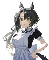  1girl absurdres animal_ears black_dress black_hair closed_mouth commentary_request dress ear_through_crown green_eyes hair_between_eyes hands_on_own_hips highres horse_ears horse_girl horse_tail long_hair looking_at_viewer puffy_short_sleeves puffy_sleeves satono_crown_(umamusume) short_sleeves side_ponytail simple_background smile solo tail umamusume white_background yin_lan- 