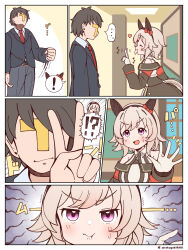  ! !? ... 1boy 1girl :d animal_ears bare_shoulders blonde_hair blush chibi chibi_inset closed_mouth commentary_request curren_chan_(umamusume) ear_covers hand_up heart highres horse_ears horse_girl horse_tail long_sleeves open_mouth pink_eyes rakugakiraid rock_paper_scissors shirt short_hair smile spoken_ellipsis spoken_exclamation_mark t-head_trainer_(umamusume) tail trainer_(umamusume) umamusume v white_shirt 