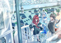  3girls against_railing ange_katrina ange_katrina_(1st_costume) animal_ears animal_hair_ornament ankle_boots apron balcony black_boots black_coat black_collar black_kimono blue_hair blue_neckerchief blue_sky boots buttons cardigan closed_eyes coat collar colored_inner_hair commentary_request day dog_ears double-breasted flower frilled_apron frilled_skirt frills grey_skirt hair_flower hair_intakes hair_ornament hand_up high-waist_skirt highres inui_toko inui_toko_(1st_costume) japanese_clothes kimono knee_boots lace-up_boots layered_skirt lize_helesta lize_helesta_(1st_costume) long_hair long_skirt long_sleeves looking_at_another low_twintails maid_headdress medium_hair medium_skirt mountainous_horizon multicolored_hair multiple_girls neckerchief nijisanji off_shoulder open_mouth pleated_skirt railing red_cardigan red_hair red_skirt rotated sanbaka_(nijisanji) shinose_toki shirt shrug_(clothing) skirt sky smile standing third-party_edit town twintails two-tone_hair very_long_hair violet_eyes virtual_youtuber waist_apron watermark white_apron white_boots white_hair white_shirt white_shrug white_skirt 