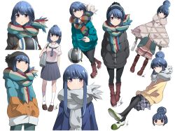  1girl absurdres bag beanie black_jacket black_pants black_pantyhose black_skirt blue_bag blue_hair blue_jacket blue_pants blue_scarf boots brown_boots brown_scarf brown_shoes brown_skirt chibi closed_mouth coat crossed_ankles dot_mouth down_jacket enpera full_body green_coat green_scarf green_shoes grey_scarf hair_bun hands_in_pockets hat helmet highres holding holding_unworn_helmet huge_hair_bun jacket jitome knee_boots kneehighs loafers long_hair long_sleeves looking_at_viewer motosu_school_uniform multicolored_jacket multicolored_scarf multiple_persona open_mouth orange_jacket pants pantyhose pigeon-toed plaid_clothes plaid_skirt pleated_skirt pom_pom_(clothes) pom_pom_beanie red_scarf scarf school_bag school_uniform shima_rin shirt shoes short_sleeves signature simple_background single_hair_bun skirt socks striped_clothes striped_scarf sweater unworn_headwear unworn_helmet upper_body violet_eyes white_background white_shirt white_socks yas_(yosiyasuyasu) yellow_sweater yurucamp 