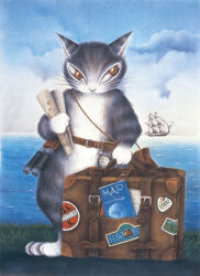  animal animal_focus belt binoculars brown_belt brown_eyes cat day dayan_(wachifield) facing_viewer full_body grey_cat highres holding holding_map holding_suitcase ikeda_akiko map no_humans official_art outdoors sailing_ship solo suitcase wachifield water 
