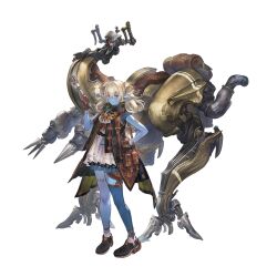  1girl :3 bag blonde_hair blue_skin brown_gloves colored_skin dress fylkis gloves granblue_fantasy hair_ornament hair_rings hand_on_own_hip holding holding_wrench long_hair looking_at_viewer machine minaba_hideo official_art pointy_ears red_eyes satchel shoulder_bag single_thighhigh smirk solo thigh-highs white_dress wrench 