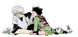  2boys baadaqua backpack bag blue_eyes blush boots full_body gon_freecss green_boots green_hair green_jacket green_shorts highres hunter_x_hunter jacket killua_zoldyck layered_sleeves long_sleeves male_focus multiple_boys shirt short_hair short_over_long_sleeves short_sleeves shorts simple_background spiky_hair sweatdrop white_background white_hair white_shirt 