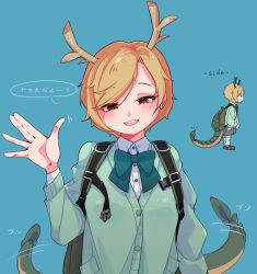  1girl alternate_costume antlers backpack bag blonde_hair blue_background blush bow bowtie cardigan collared_shirt commentary_request dragon_girl dragon_horns dragon_tail green_bag green_bow green_bowtie green_cardigan green_tail highres horns kicchou_yachie long_sleeves looking_at_viewer motion_lines multiple_views open_mouth red_eyes school_uniform shirt short_hair simple_background smile speech_bubble tail tail_wagging tami_(joemanyodw) teeth touhou translation_request turtle_shell upper_teeth_only white_shirt yellow_horns 