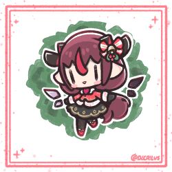  1girl :d antlers black_gloves black_pantyhose blush_stickers border chibi chibi_only christmas commentary decrilus english_commentary full_body fur-trimmed_jacket fur-trimmed_sleeves fur_trim gloves hololive hololive_english horns irys_(hololive) jacket long_hair long_sleeves multicolored_hair open_mouth pantyhose pointy_ears red_border red_hair red_jacket red_shoes red_streaks shoes sidelocks smile solo standing standing_on_one_leg streaked_hair twitter_username virtual_youtuber 