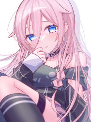  1girl 3: absurdres arm_at_side arm_support bare_shoulders black_camisole black_socks blue_eyes blush braid braided_sidelock camisole cevio closed_mouth commentary_request dot_nose double-parted_bangs double_horizontal_stripe drop_shadow embarrassed eyes_visible_through_hair feet_out_of_frame film_grain frown grey_shirt hair_between_eyes hair_flaps hair_ornament hair_over_shoulder hand_on_own_cheek hand_on_own_chest hand_on_own_face highres ia_(vocaloid) inverted_eyelashes kneehighs knees_up layered_sleeves long_hair long_hair_between_eyes long_sidelocks long_sleeves looking_at_viewer miniskirt nervous pink_hair pink_skirt pleated_skirt raised_inner_eyebrows shirt short_over_long_sleeves short_sleeves sidelocks simple_background sitting skirt sleeves_past_wrists socks solo thigh_strap tsukizuumi twitter_username very_long_hair vocaloid white_background 