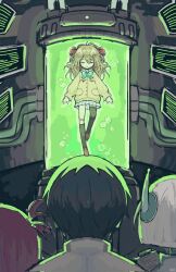  1boy 3girls asymmetrical_legwear backlighting black_hair black_socks black_thighhighs bow bowtie brown_hair brown_shoes camila_(vtuber) cardigan closed_eyes commentary ellie_minibot english_commentary hair_bow highres kneehighs long_hair miniskirt mismatched_legwear monitor multiple_girls neuro-sama pink_hair red_bow shoes short_hair skirt socks stasis_tank sznkyuu thigh-highs vedal987 vedal_ai virtual_youtuber white_hair white_skirt yellow_cardigan 