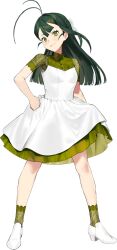  1girl antenna_hair blunt_bangs dress full_body green_eyes green_hair green_shirt green_socks hand_on_own_hip kantai_collection layered_dress official_art shirt shoes smile smug socks solo sugi_(anniversary)_(kancolle) sugi_(kancolle) transparent_background umihara_sakana white_dress white_shoes 