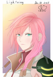  1girl absurdres artist_logo border character_name closed_mouth commentary_request dated final_fantasy final_fantasy_xiii front_zipper gradient_background green_eyes hair_between_eyes highres lightning_farron logo long_hair looking_at_viewer parted_bangs pink_hair portrait simple_background single_shoulder_pad smallspoonsalt solo white_border 