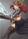  breasts claudette clawdette gloves green_eyes helmet highres large_breasts lightning nigou open_mouth queen&#039;s_blade queen's_blade red_hair sword thigh-highs thighhighs weapon 