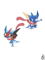  absurdres ash-greninja bright_pupils chibi chibi_only commentary_request full_body greninja half-closed_eyes highres long_tongue nostrils pink_eyes pokemon pokemon_(creature) pokemon_focus red_eyes signature simple_background t_tsudaka tongue very_long_tongue white_background white_pupils 