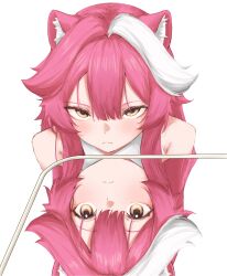 1girl absurdres animal_ears bare_shoulders blush closed_mouth commentary foku_(fokufokuu) frown highres hololive hololive_english it's_all_a_matter_of_angle_(meme) long_hair meme multicolored_hair panther_ears panther_girl pink_hair raora_panthera reflection sanpaku shirt simple_background solo streaked_hair two-tone_hair upturned_eyes virtual_youtuber white_background white_hair white_shirt yellow_eyes 