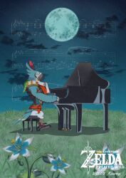  1boy adversarial_noise beak bird_boy bird_tail blue_feathers commentary_request copyright_name dated feather_fingers feather_hair_ornament feathers full_moon furry furry_male grand_piano hair_ornament highres instrument kass male_focus moon music musical_note piano playing_instrument playing_piano rito scarf sheet_music sirotume226 sitting tail the_legend_of_zelda the_legend_of_zelda:_breath_of_the_wild twitter_username white_scarf 