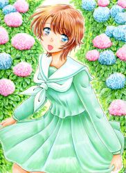  1girl :d blue_eyes brown_hair commentary_request flower green_shirt green_skirt green_theme head_tilt highres holding_own_skirt hydrangea koshimizu_natsuki long_sleeves looking_at_viewer marker_(medium) meitantei_conan myuma_subaru neckerchief open_mouth pleated_skirt sailor_collar school_uniform serafuku shirt short_hair skirt smile solo traditional_media white_neckerchief white_sailor_collar 