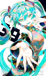  39 absurdres aqua_eyes aqua_hair aqua_nails aqua_necktie artist_name bare_shoulders black_boots black_skirt boots commentary detached_sleeves grey_shirt hair_between_eyes hatsune_miku headset highres long_hair miku_day nail_polish necktie open_mouth pleated_skirt reaching reaching_towards_viewer shirt shoulder_tattoo skirt sleeveless sleeveless_shirt ssurge_l tattoo thigh_boots twintails vocaloid 