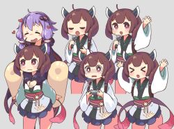  >_< 2girls ahoge carrying closed_eyes commentary_request controller game_controller grey_background hair_ornament heart highres holding holding_controller holding_game_controller hood japanese_clothes kimono microphone multiple_girls multiple_views obi open_mouth purple_hair sakamoto_ahiru sash short_hair_with_long_locks short_kimono shoulder_carry simple_background smile touhoku_kiritan vocaloid voiceroid white_kimono yuzuki_yukari 
