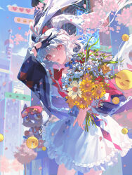  1girl absurdres black_gloves black_hat blue_bow blue_choker bouquet bow bow_choker building cherry_blossoms chinese_commentary choker city collar commentary_request cowboy_shot diamond_(shape) diamond_facial_mark facial_mark floating_hair flower flower-shaped_pupils frilled_skirt frills gejiandenghuo gloves hand_on_own_forehead hat hat_ornament heart heart_emoji heart_facial_mark highres holding holding_bouquet honkai:_star_rail honkai_(series) long_hair long_sleeves mini_hat open_mouth outdoors petals pink_eyes pink_petals rabbit_hat_ornament red_collar single_glove skirt sky solo sparkle_(honkai:_star_rail) sparxie_(honkai:_star_rail) symbol-shaped_pupils twintails white_flower white_hair white_skirt wide_sleeves yellow_flower 