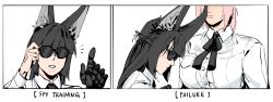 2girls animal_ears black_hair english_text fox_ears fox_girl highres hoshimi_miyabi long_hair lycanheiress meme multiple_girls pink_hair simple_background sunglasses tsukishiro_yanagi white_background yuri zenless_zone_zero 