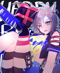  1girl air_shakur_(umamusume) animal_ears annoyed black_hair black_jacket black_shorts black_thighhighs box clothing_cutout colored_inner_animal_ears commentary_request cropped_jacket eyebrow_piercing face_piercing gift gift_box highres horse_ears horse_girl jacket long_hair open_clothes open_jacket open_mouth paint_on_clothes paint_splatter piercing sharp_teeth shorts shoulder_cutout single_thighhigh solo tank_top teeth thigh-highs thigh_strap torn_clothes torn_thighhighs umamusume umano0x0 uneven_eyes very_long_hair yellow_eyes yellow_tank_top 