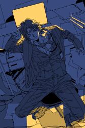  1boy black_eyes black_hair black_suit chair chrollo_lucilfer commentary_request cross_tattoo d_karaage earrings facial_mark facial_tattoo forehead_mark forehead_tattoo full_body highres hunter_x_hunter id_card jewelry long_sleeves male_focus monochrome necktie one_eye_closed shirt short_hair sitting solo suit swivel_chair tattoo white_shirt 