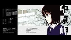  1girl black_background black_border blooming blue_dress bob_cut border branch breasts brown_eyes brown_hair building character_name close-up collared_dress commentary dress english_text flower from_side hair_between_eyes letterboxed looking_ahead nakahara_misaki nhk_ni_youkoso! parted_lips photo_background romaji_text short_hair small_breasts solo sonikkusupin tree white_background white_flower window 