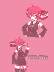  1girl :d ? absurdres alternate_hairstyle arm_up barser black_thighhighs block_(minecraft) breasts commentary cropped_torso explosive food_in_mouth hands_on_own_hips heads-up_display health_bar highres kasane_teto kasane_teto_(utau) multiple_views red_background red_eyes red_hair red_theme short_hair signature smile thigh-highs tnt tnt_block_(minecraft) user_interface utau v-shaped_eyebrows 