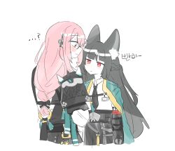  2girls animal_ears black_hair blush closed_mouth commentary_request dorineeisfree fox_ears fox_girl glasses highres hoshimi_miyabi korean_commentary long_hair multiple_girls pink_hair red_eyes simple_background tsukishiro_yanagi white_background yuri zenless_zone_zero 