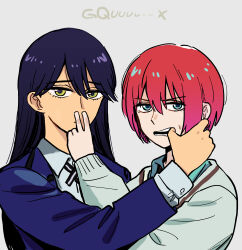 2girls absurdres amate_yuzuriha aqua_eyes aqua_shirt black_hair blue_jacket finger_in_another's_mouth finger_in_another's_nose green_eyes green_sweater gundam gundam_gquuuuuux hatimoto highres jacket long_hair looking_at_viewer mouth_pull multiple_girls red_hair shirt short_hair shuji_ito sweater 