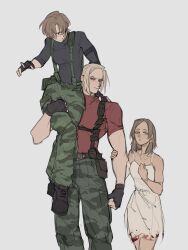  3girls aksakajay black_gloves black_shirt camouflage camouflage_pants carrying carrying_person character_request chest_holster dress fingerless_gloves genderswap genderswap_(mtf) gloves hand_on_another's_arm highres jack_krauser leon_s._kennedy multiple_girls muscular muscular_female pants red_shirt resident_evil resident_evil_4 shirt shoulder_carry suspender_pants white_dress 