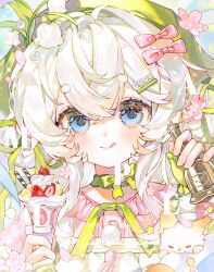  1girl :q absurdres animal bell blue_eyes blush bow bow_choker bowtie cat cherry cherry_blossoms chinese_commentary choker closed_mouth collar commentary_request cream double_bun eyelashes falling_petals fingerless_gloves flower food frills fruit gloves green_bow green_bowtie green_ribbon hair_between_eyes hair_bow hair_bun hair_ornament hairclip hat highres holding holding_food ice_cream licking_lips looking_at_viewer medium_hair neck_bell original parfait petals pink_bow pink_flower pink_ribbon pink_shirt ribbon sample_watermark shirt smile solo star_(symbol) star_hair_ornament strawberry thick_eyebrows tongue tongue_out tuituituida upper_body watermark weibo_username weibo_watermark whipped_cream white_flower white_hair 