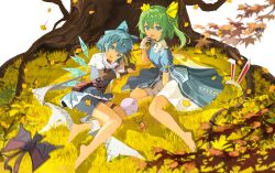  2girls absurdres adapted_costume animal_ears bag barefoot blue_bow blue_dress blue_eyes blue_hair bow carrot_necklace cirno crown daiyousei detached_wings dress fairy fairy_wings fake_animal_ears falling_leaves ginkgo_leaf gloves green_hair hair_bow highres ice ice_wings jewelry leaf looking_at_viewer lying maple_leaf mini_crown multiple_girls necklace non-web_source on_side open_mouth outdoors rabbit_ears scarf short_hair short_sleeves shorts side_ponytail sitting smile touhou touhou_hero_of_ice_fairy tree unworn_jewelry unworn_necklace uroam white_gloves white_scarf wings yellow_bow 