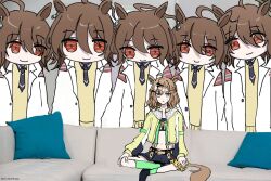  2girls agnes_tachyon_(umamusume) animal_ears black_necktie black_skirt black_tank_top bow bowtie braid brown_hair chemical_structure coat collared_coat couch cropped_jacket earrings hair_between_eyes hair_ornament hairclip half_up_half_down_braid highres horse_ears horse_girl indian_style jacket jewelry jungle_pocket_(umamusume) lab_coat leg_warmers long_sleeves medium_hair meme multiple_earrings multiple_girls necktie notched_ear on_couch pillow piper_perri_surrounded_(meme) pleated_skirt red_eyes short_hair short_necktie single_leg_warmer sitting skirt socks sweatdrop tank_top umamusume umano0x0 white_coat yellow_bow yellow_bowtie yellow_jacket yellow_leg_warmers yellow_socks yuri 