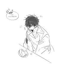  2boys beard_stubble cake closed_eyes collarbone collared_shirt facial_hair food greyscale hh123145 highres korean_text long_sleeves male_focus messy_hair monochrome multiple_boys olruggio_(tongari_boushi_no_atelier) plate qifrey_(tongari_boushi_no_atelier) shirt short_hair simple_background sketch speech_bubble stubble table tongari_boushi_no_atelier upper_body white_background 