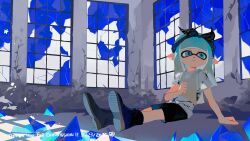  1girl abstract_background absurdres aqua_eyes aqua_hair black_hairband black_shoes black_shorts bow_hairband closed_mouth cobii_illu commentary full_body hairband highres indoors inkling inkling_girl inkling_player_character medium_hair pointy_ears shoes shorts sitting solo splatoon_(series) tentacle_hair untranslatable_commentary window 